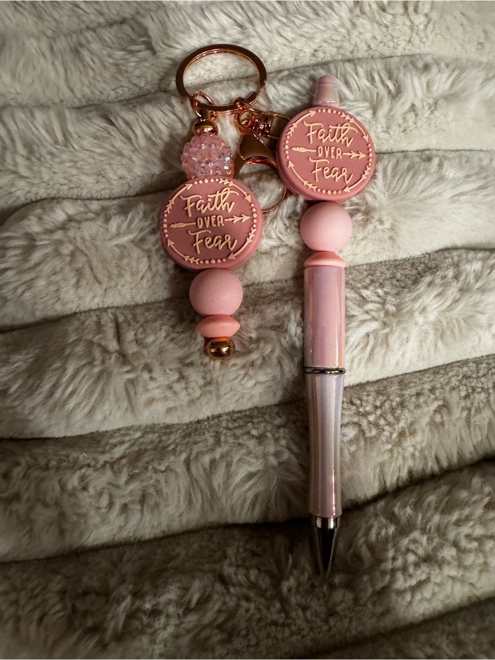 Faith Over Fear Pink Beaded Pen & Keychain Set